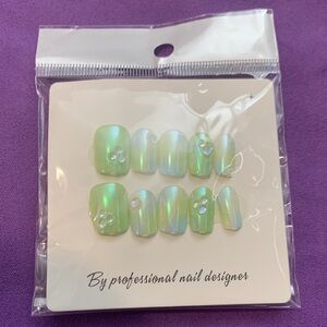 New Iridescent Green Press-On Nails with Rhinestones